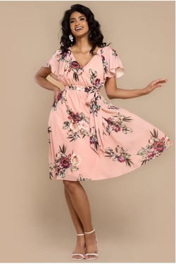 Goddiva Sustainable Floral Print Midi Wrap Dress With Flutter Sleeves - Peach
