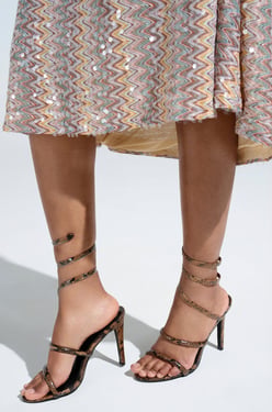 AKIRA Lowri Snake Spiral Stiletto Sandal | Brown | Size 6