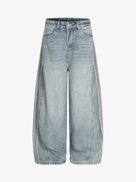 Retro Washed Side Striped Barrel Denim Jeans - Blue / 2XL