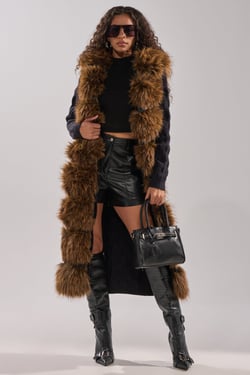 AKIRA Warm Me Up Long Cardigan Sweater With Fur | Black | Size Large/XL