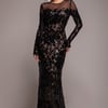 Goddiva Floral Sequin Mesh Maxi - Black