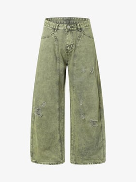 Washed Distressed Ripped Barrel Jeans - Yellow Green / 2XL