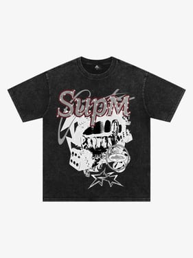 Washed Rhinestone Letter Graphic T-Shirt - Washed Black / 2XL