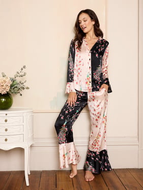 Womens Satin Bold Cuff Pyjamas Pink Contrast Peacock and Roses - 3XL / 22-24 / Pink/Black