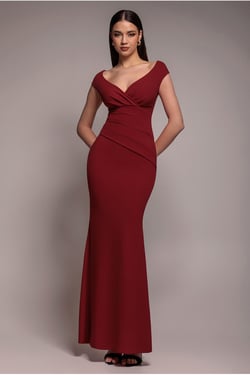 Goddiva Bardot Pleated Maxi Dress - Burgundy