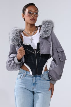 AKIRA Itty Bitty Cropped Bomber Jacket | Size XL