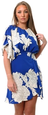 Ax Paris Floral Printed Round Neck Mini Dress - Blue And Cream - 16