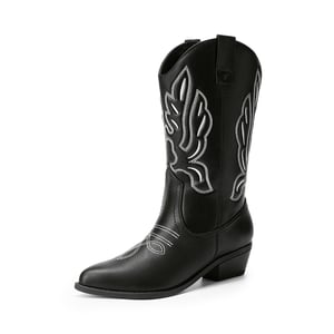DREAM PAIRS Women   s Embroidered Pointed Toe Mid Calf Western Boots