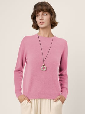 Premium Cashmere Blend Hand-Finished Seamless Crew Neck Ribbed Trim Knit Top WANDA - Pastel Pink / XXL