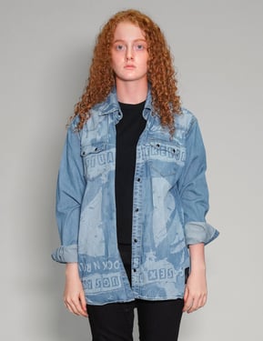 Peace' Laser Print Denim Shirt in Light Blue