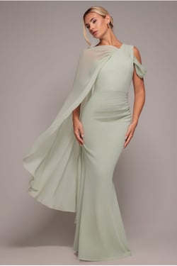 Goddiva One Shoulder Chiffon Cape Crepe Maxi Dress - Sage Green
