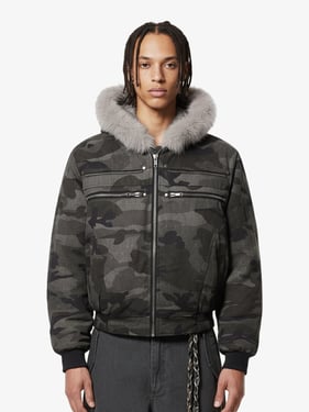 Vintage Camo Faux Fur Hood Padded Bomber Jacket - Army Green / XL