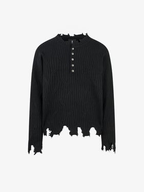 Knitted Distressed Diamond Pattern Raw Edge Sweater - Black / XL