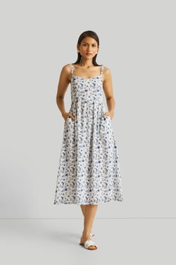 Strappy Gathered Blue Floral Midi Dress - Wisteria Whimsy / XL