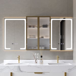 59" LED Lighted Medicine Cabinet Wooden Wall-mounted Bathroom Mirror with Doors