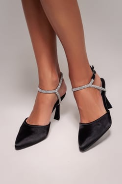 Goddiva Diamante Embellished Satin Slingback Court Heels - Black Satin