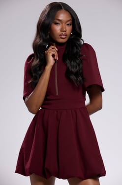 AKIRA Name Of The Game Short Sleeve Zippered Mini Dress | Burgundy | Size Small