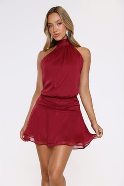 Flirty Halter Shimmer Mini Dress Wine