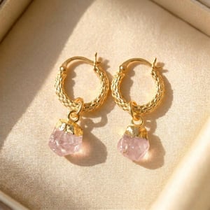 Raw Rose Quartz October Birthstone Huggie Hoops Gold Vermeil Plated Gemstone Earrings