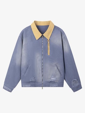 Retro Ripped Washed Contrast Color Work Jacket - Blue / 2XL