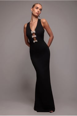 Goddiva Embellished Diamante Bow Mermaid Halter Neck Maxi Dress - Black