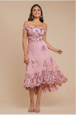Goddiva Bardot Sequin & Lace High Low Midi - Blush