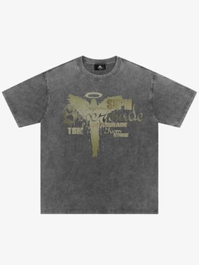 Distressed Washed Gothic Angel Graphic T-Shirt - Wash Water Ash / 2XL