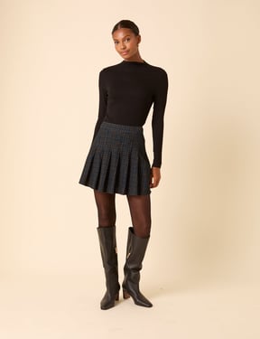 Navy Check Pleated Mini Skirt