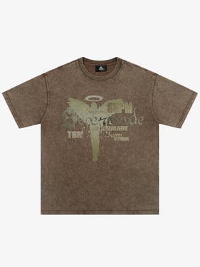 Distressed Washed Gothic Angel Graphic T-Shirt - Coffee / 2XL