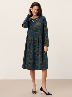 100% Organic Cotton Ruched Print Boat Neck Midi Dress CRESSIDA - Blossom Navy / M
