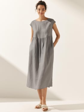 100% Linen Cap Sleeve Washed Maxi Dress JOAN - Cloud Grey / XL