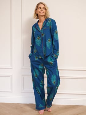 Womens Cotton Traditional Pyjamas Navy Peacock Feather - 3XL / 22-24 / Blue