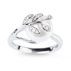 Jeulia Leaf Design Faux Pearl Sterling Silver Ring