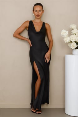 The Loretta Cowl Satin Maxi Dress Black