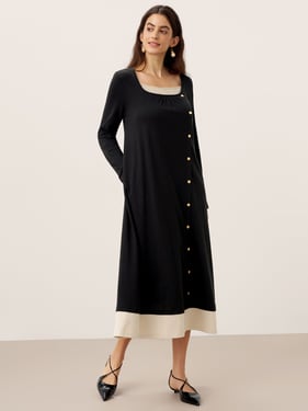 Cotton Linen Button Decor Colorblock Maxi Dress NIMUE - Charcoal Black / XXL