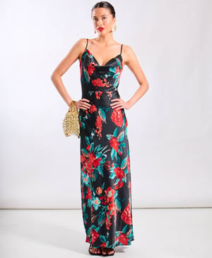 Red Floral Cowl Neck Satin Maxi Dress - 18