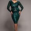 Goddiva Plus Sequin Mesh V Neck Midi Dress - Emerald