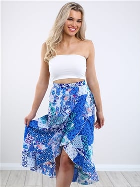 Girl In Mind Emily Patchwork Frill Detail Wrap Skirt - Blue - 6