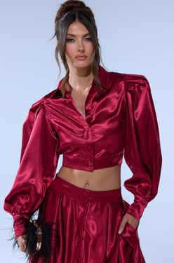 AKIRA Candice Open Back Satin Button Down Shirt | Size 1X