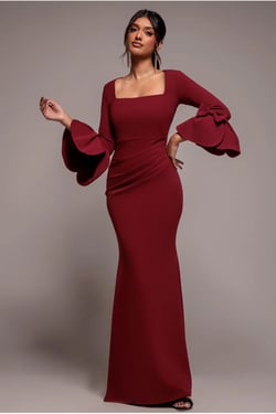 Goddiva Petal Bow Sleeve Frill Maxi Dress - Wine