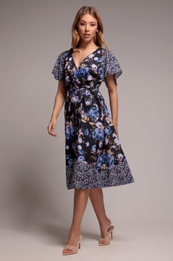 Goddiva Flutter Sleeve Printed Midi Dress - Navy Print