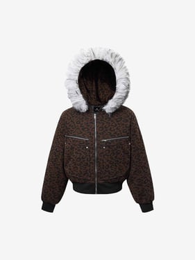 Retro Faux Fur Trimmed Hood Leopard Print Bomber Jacket - Coffee / XL