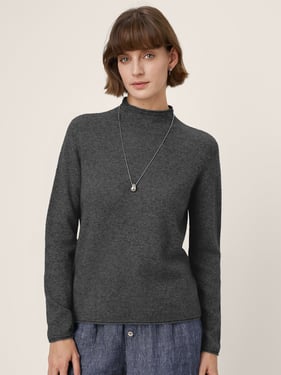 Premium Cashmere Blend Hand-Finished Seamless Mock Neck Lettuce Edge Sweater ZELIE - Charcoal Grey / XXL