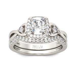 Jeulia Halo Cushion Cut Sterling Silver Ring Set