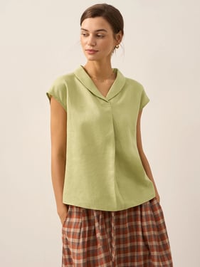 100% Linen Shawl V-Neck Cap Sleeves Top ELARA - Sage Apple / XXL