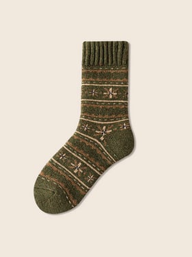 Wool Blend Retro Jacquard Thick Over-the-Calf Socks - Green / One Size