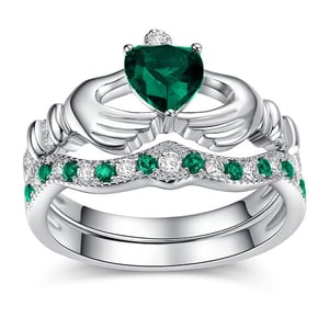 Jeulia Heart Cut Sterling Silver Claddagh Ring Set