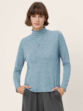 100% Extra-Fine Merino Wool Mock Neck Sweater with Rolled Edge ELA - Skywash Blue / L