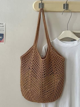 Cotton Woven Openwork Beach Tote Bag - Khaki / One Size
