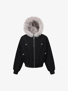 Faux Fur Hooded Padded Bomber Jacket - Black / XL